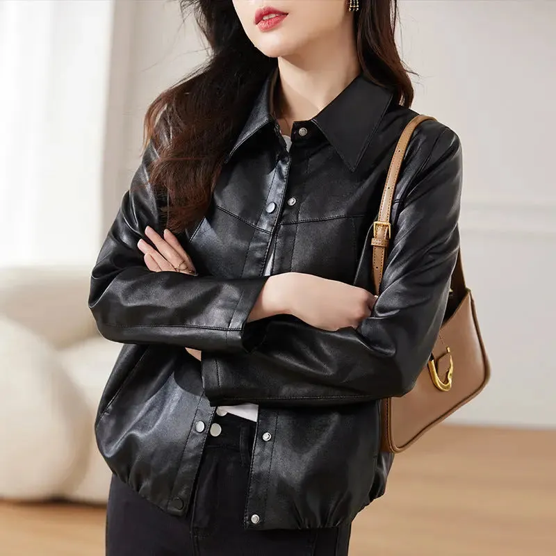 Women's shirt short leather jacket