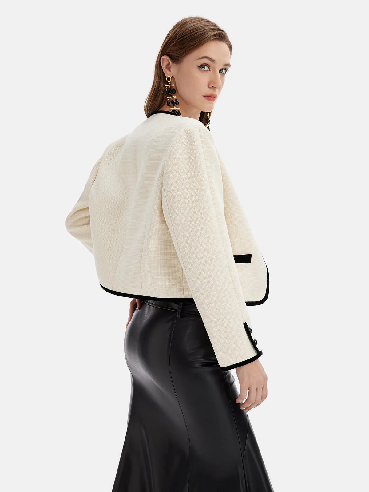 Wool Contrast-Trim Short Blazer